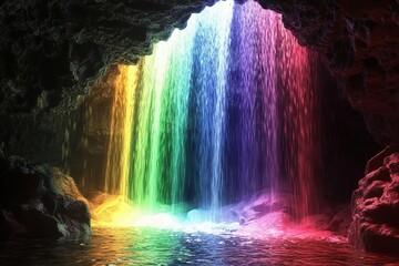Colorful waterfalls cascade in a serene cave with rainbow hues and tranquil waters