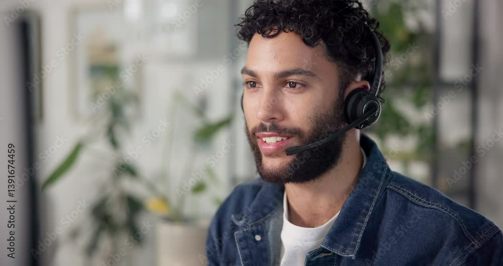 Poster happy, businessman and consultant talking with headset for online advice or consultation at call cen