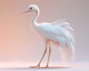 Obraz premium Elegant White Crane Bird Gracefully Posing Against a Soft Pink Background