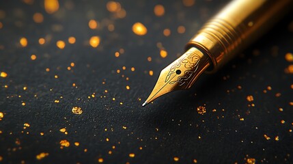 Golden Fountain Pen: Close-up of a luxurious golden fountain pen with intricate detailing, placed on a dark background. Ideal for content writing, creative inspiration, or business stationery. 