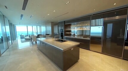 Modern kitchen design with sleek appliances and expansive ocean views