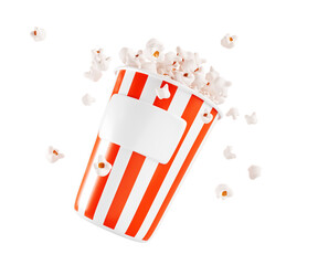 3d popcorn bucket icon with empty label. Realistic render of red and white striped cardboard box full pop corn isolated on background. Salty or sweet cinema snack mockup. Movie food © marozhkastudio