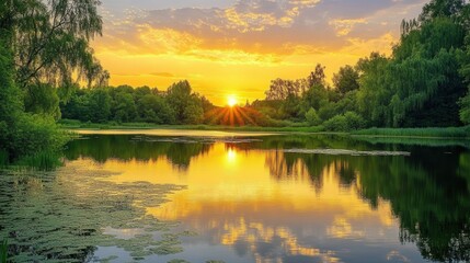 Serene sunset over tranquil lake. Lush green trees frame the golden light