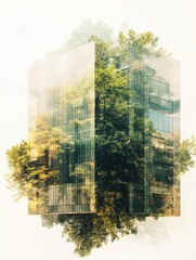 Modern architecture intertwined with nature. A transparent cube-shaped building is filled with lush greenery