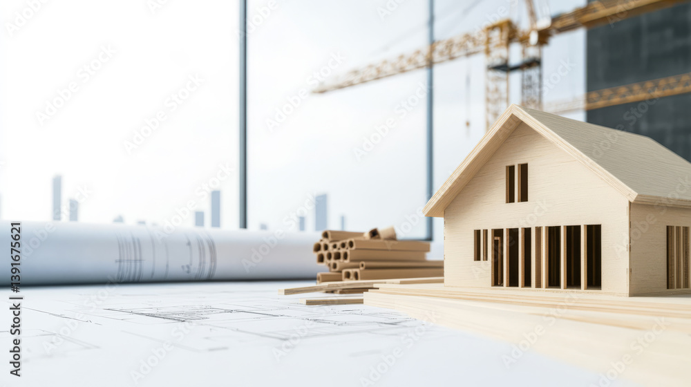Wall mural construction model on blueprints at a building site with cranes visible in the background