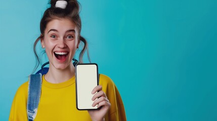 Joyful young woman showing blank smartphone screen banner image. Content creator cheerful mood photo-realistic background blurred. Gen z technology concept photography copy space