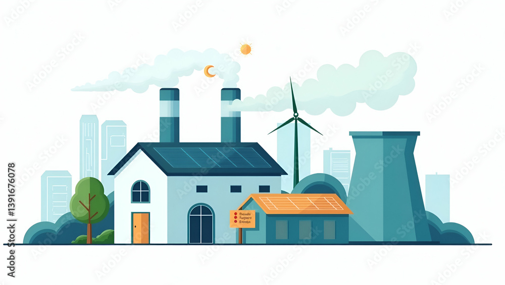 Poster flat high-efficiency renewable energy plant: a cute vector illustration of advanced power systems an