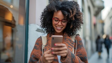 Modern black woman in glasses using smartphone in city image. Urban girl in cozy fall outfit. Cellphone user photography scene photorealistic. Digital lifestyle concept photo realistic