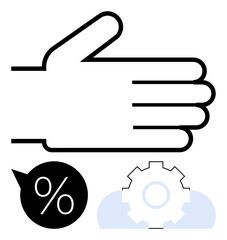 Outlined hand gesture with percentage speech bubble and gear symbolizing teamwork, negotiation, and system optimization. Ideal for strategy, innovation, teamwork, process, efficiency, analysis