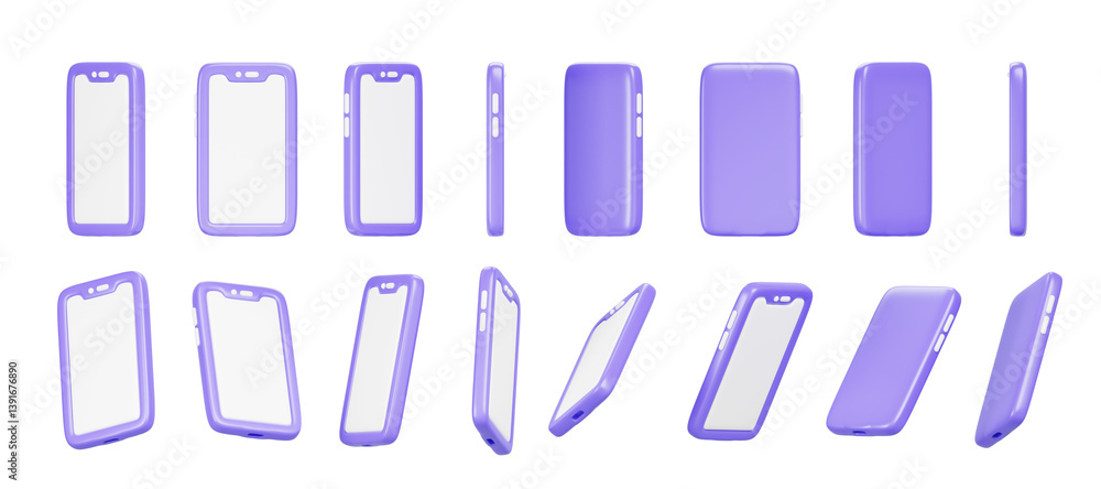 Poster 3d set of mobile phone rotation render. cartoon isolated purple smartphone icons with empty white sc