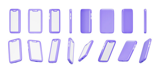 3d set of mobile phone rotation render. Cartoon isolated purple smartphone icons with empty white screen mockup, animation with sequence rotating elements, template for game ui design