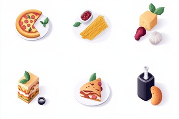 Delicious culinary creations pizza and pasta dishes kitchen table digital illustrations bright and clean environment top-down view food art concept