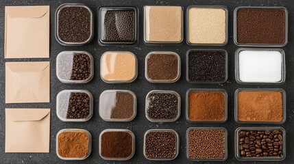 Fototapeta premium Artistic Coffee Packaging Mockup with Ingredients in Various Containers and Envelopes