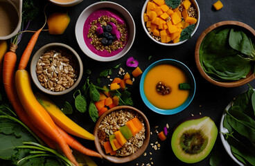 Healthy Food Bowls with Flatlay, and Dark Background.