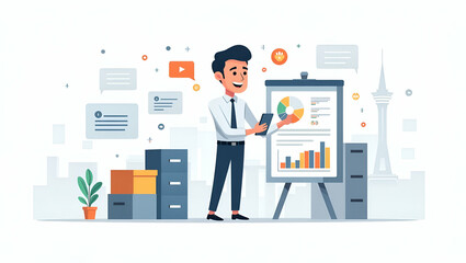 Flat Dynamic digital illustration showcasing future of global commerce driven by cross border innovation advanced logistics and transformative digital trade solutions in  Simple flat cute vector illus