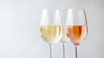Three elegant wine glasses filled with different types of wine, white, ros, and blush, arranged in a row on a light background, and close-up composition.