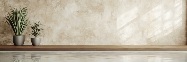 Elegant indoor space with plants and serene water surface in modern design