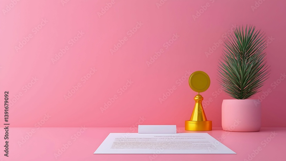 Poster an abstract and minimalist composition with a focus on soft pink tones, featuring a document and a c