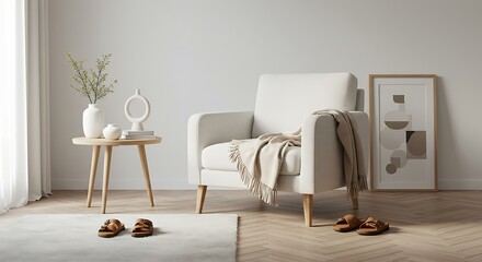 Obraz premium Serene minimalist living room featuring a creamy armchair draped with a cozy beige throw, complemented by a side table displaying simple ceramic decor in soft natural light.