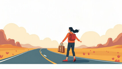 Flat Dynamic Road Trip Illustration: Capture Expansive Highways, Scenic Stops & Vibrant Moments for Premium Travel Stock Photography in a Cute Vector Style