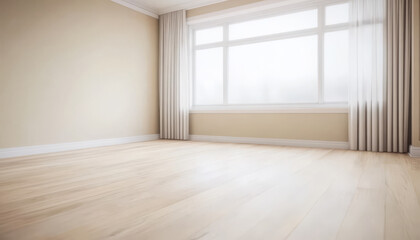 Fototapeta premium Bright and spacious empty room with large window and wooden floor in modern design