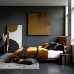 Generative AI, Modern bedroom with mustard velvet bedding and dark teak accents