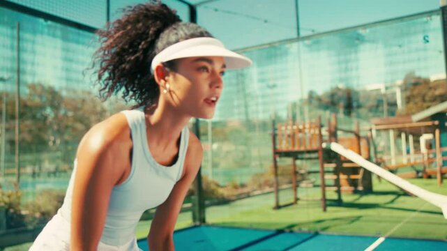 Sports, tennis court and woman with padel serve for game, match or competition outdoors. Fitness, athlete and person with ball for training, exercise and workout for tournament, challenge or practice