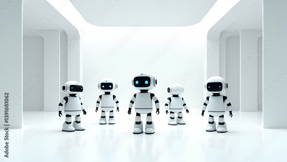 Poster flat wallpaper design featuring robotic ai companions integrated with expansive empty space and deta