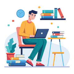 a boy is using his laptop vector