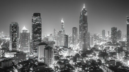 Night City Skyline Aerial View. Possible use Stock photo for business, travel, architecture, or urban landscapes
