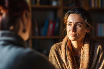 Intimate conversation between two women cozy indoor setting portrait photography warm lighting close-up view emotional connection