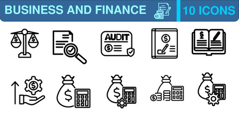 Title	
Set of 10 Business and Finance web icons in line style. balance sheet,
auditing,
audit,
accounting book,
ledger,
financial, 
budget,
cost management,
budgeting,
cost. Vector illustration.	