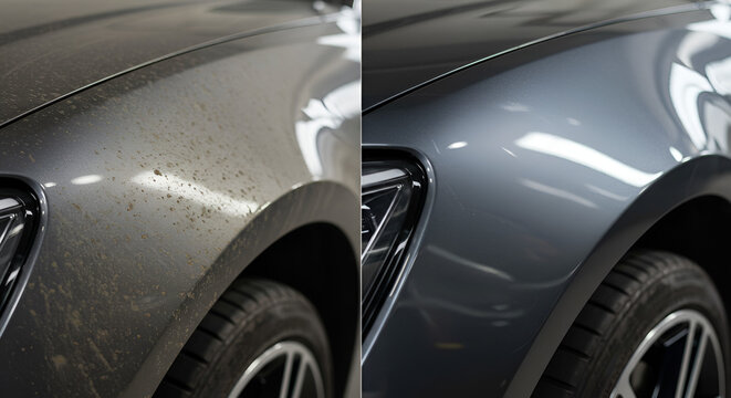 Before and after the car fender job, cleaning and applying smooth polishing and ceramic coating 