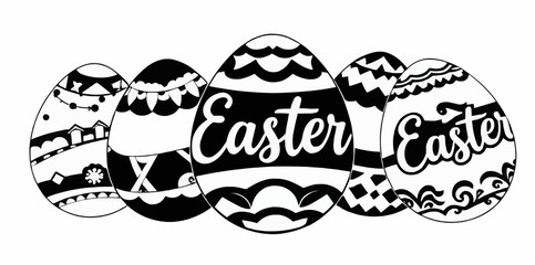 Black and white Easter eggs vector design with vintage pattern, decoration, and floral elements in a decorative frame
