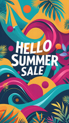 "Basic RGBHello summer sale offer banner promotion with wave curve shape with Memphis abstract style and leaves illustration" A colorful, abstract summer sale banner designed with the Memphis style. 