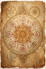Ancient parchment with sacred geometry symbols for historical occult blogs, magical manuscript design resources, esoteric knowledge websites, and mystical heritage illustrations