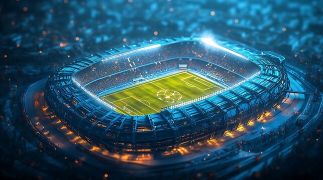 futuristic sports arena football stadium bright night lights detailed 3d render modern architecture sports venue outdoor event soccer field illumination - Powered by Adobe