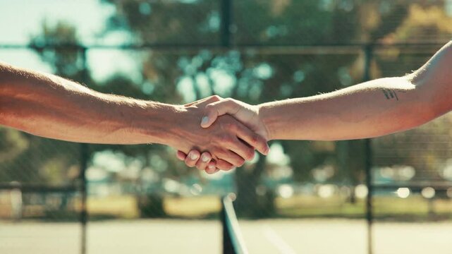 Tennis, closeup or people in sports for handshake for game, match or training lesson with respect. Greeting, introduction and athlete shaking hands on outdoor court for playing together or practice
