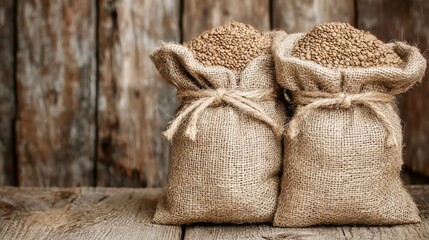 Obraz premium Rustic Burlap Bags Filled with Grain on a Wooden Table Against a Weathered Background