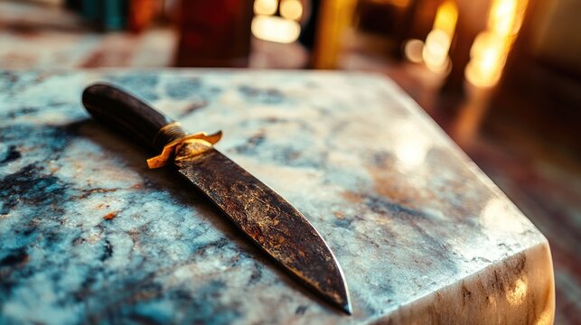Macro shot of an ancient sacrificial knife resting on a marble altar, faint traces of time visible on its blade