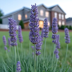 Lavender Blooms in the Evening Light with House in Background