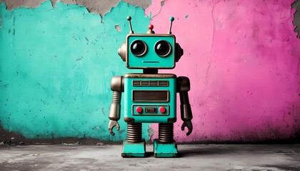 Vintage robot standing on a colorful background  