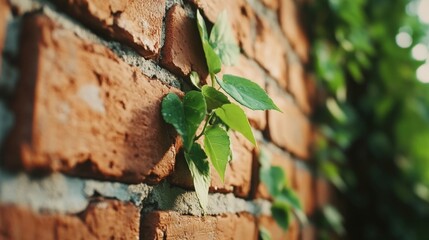Macro shot of an old brick wall partially restored, fresh green vines creeping through cracks