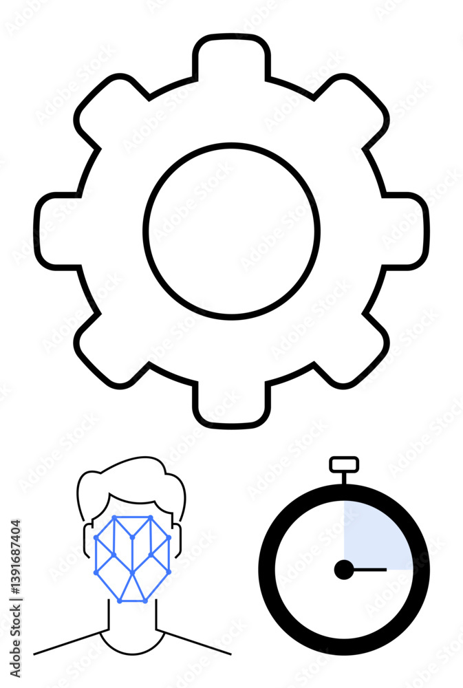 Aufkleber gear symbol, face scan biometrics and stopwatch display innovation, automation and efficiency. ideal