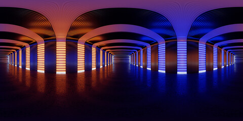 HDRI. Glowing neon lines. Full spherical panorama 360 degrees. 3D render illustration.