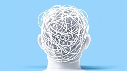 White tangled lines inside 3D head showing mental complexity or stress