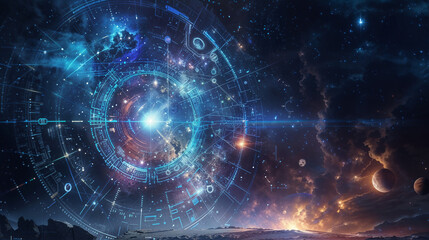 Futuristic digital space interface with holographic technology overlaying cosmic nebula and planets. Bright central light creates technological circles against deep space background
