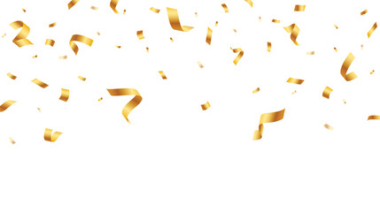 Festive gold confetti decoration. Falling confetti celebration element. Shiny ribbon on white background. Vector illustration