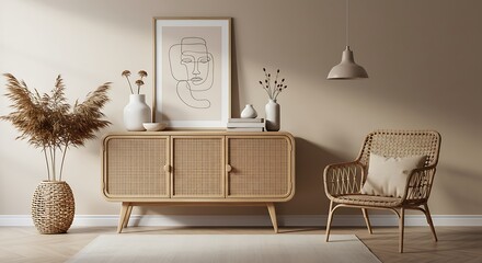 A serene living room showcases a stylish rattan cabinet and chair, complemented by dried pampas grass and minimalist art, all bathed in soft natural light.