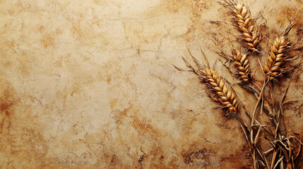 Golden wheat ears on textured beige background, perfect for harvest themes